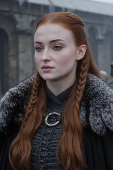 Season one Sansa in Winterfell, (young winter beauty:1.2), traditional Northern dress with thick wool and fur trim, long auburn hair with simple Stark-style braids, bright innocent blue eyes, tall for her age, proper young lady's bearing, fresh complexion ...
