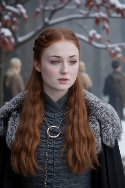 Early Sansa Stark winter portrait, (Northern princess innocence:1.2), practical but fine Northern clothing, carefully arranged auburn hair with traditional braids, clear blue eyes, hopeful expression, standing in Godswood, (snow-covered heart tree:1.2), re...