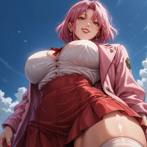 perfect hands, five fingers on each hand, short hair, pink hair, short skirt, red lips, cute, pink jacket, frilly skirt, university jacket, big breasts, brown eyes, thick thighs, wide hips, seaside, seaside village background, red skirt, white socks, smi...