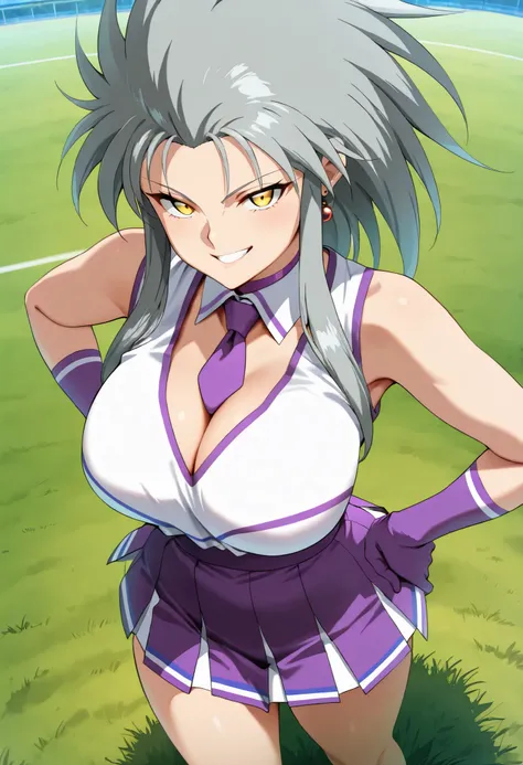 (best quality, masterpiece, ultra detailed, high resolution), Beautiful , tall, score_9, anime style, Masterpiece, best quality, 1girl, purple necktie, solo, 1girl, ry0, Ryoko, grey hair, spiked hair, long hair, sidelocks, yellow eyes, single earring, ,, ...