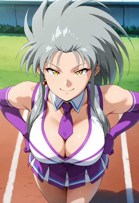 (best quality, masterpiece, ultra detailed, high resolution), Beautiful , tall, score_9, anime style, Masterpiece, best quality, 1girl, purple necktie, solo, 1girl, ry0, Ryoko, grey hair, spiked hair, long hair, sidelocks, yellow eyes, single earring, ,, ...