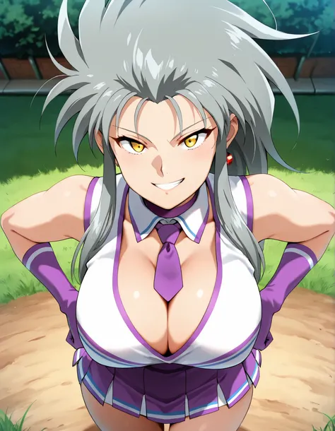 (best quality, masterpiece, ultra detailed, high resolution), Beautiful , tall, score_9, anime style, Masterpiece, best quality, 1girl, purple necktie, solo, 1girl, ry0, Ryoko, grey hair, spiked hair, long hair, sidelocks, yellow eyes, single earring, ,, ...