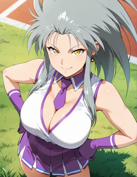 (best quality, masterpiece, ultra detailed, high resolution), Beautiful , tall, score_9, anime style, Masterpiece, best quality, 1girl, purple necktie, solo, 1girl, ry0, Ryoko, grey hair, spiked hair, long hair, sidelocks, yellow eyes, single earring, ,, ...