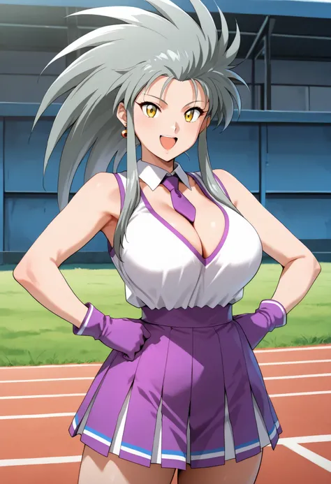 (best quality, masterpiece, ultra detailed, high resolution), Beautiful , tall, score_9, anime style, Masterpiece, best quality, 1girl, purple necktie, solo, 1girl, ry0, Ryoko, grey hair, spiked hair, long hair, sidelocks, yellow eyes, single earring, ,, ...