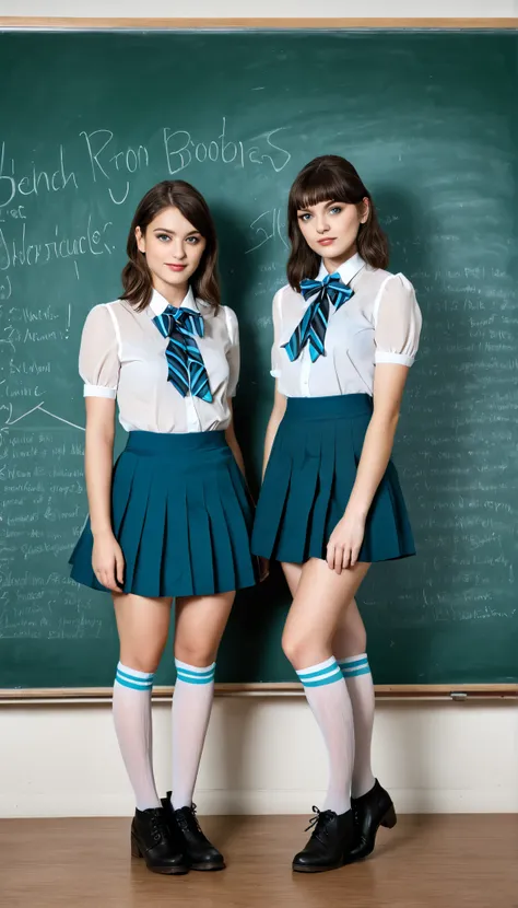 Photorealistic, A detailed photograph of a Fashion photograph of two women standing in front of a chalkboard in a classroom setting. Both are wearing short-sleeved white sheer tops with low-necks, striped blue and white bow ties, pleated blue mini-skirts (...