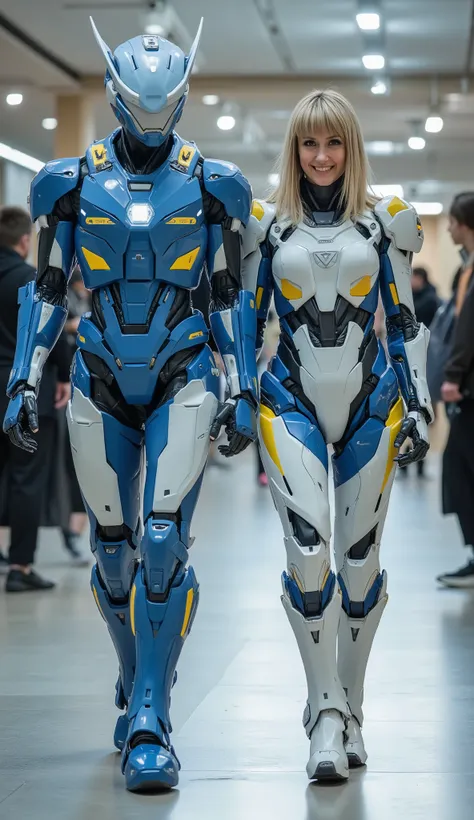 character: 1 young man with mask full head and 1 young woman blonde hair Straight with bangs .
action: Walking straight.

Expression : smiling. Looking at the camera.

Costume : they Wearing futuristic Light blue white electric gundam ironman body suit wit...