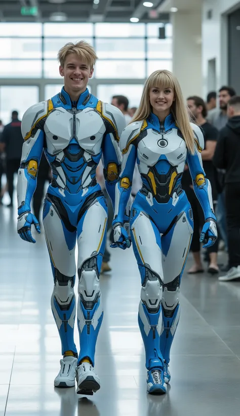 character: 1 young man blonde hair and 1 young woman blonde hair Straight with bangs .
action: Walking straight.

Expression : smiling. Looking at the camera.

Costume : they Wearing futuristic Light blue white electric gundam ironman body suit with futuri...