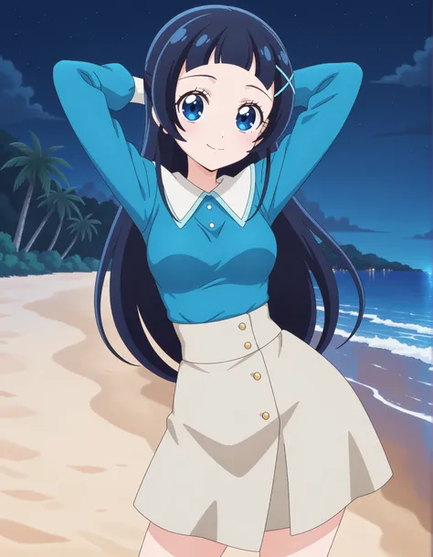 aokazenana, anime screencap, solo,1girl, looking at viewer, hair ornament ,long sleeves, shirt, skirt, x hair ornament, hairclip, blue shirt, dress, medium breasts, high quality, closed mouth, solo, cowboy shot, night sky, beach, hands behind head, ((contr...