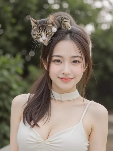 Beautiful woman carrying a cat with a cute collar on her head and shoulders,Realistic,Portrait,Excellent Details,High Quality,4K,HDR,Soft light ,Gentle Colors,brilliant,Elegant,Delicate Expression, cheerful,Elegant posture,natural smile,fine texture,Delica...
