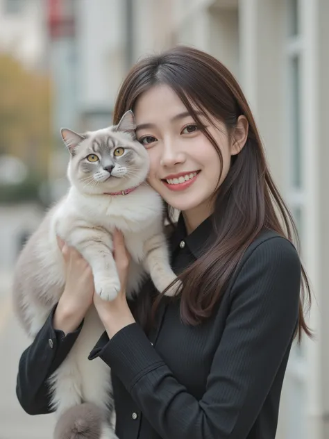 cat,woman,Japanese,Hand,Perfect hand,Detailed hand,Huge Breast,Beautiful woman carrying a cat with a cute collar on her head and shoulders,Realistic,Portrait,Excellent Details,High Quality,4K,HDR,Soft light ,Gentle Colors,brilliant,Elegant,Delicate Express...