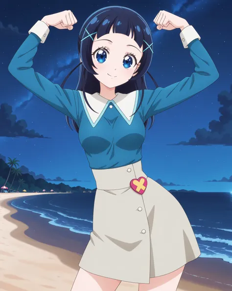 aokazenana, anime screencap, solo, 1girl, looking at viewer, hair ornament ,long sleeves, shirt, skirt, x hair ornament, hairclip, blue shirt, dress, medium breasts, high quality, closed mouth, solo, cowboy shot, night sky, beach, arms up, flexing, arms ab...