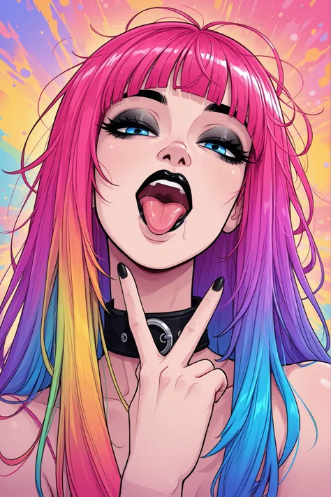gesture,5parr0w5tyl3, cartoon,1girl, vibrant hair, messy hair, vivid colors, vibrant colors, colorful hair, colorful eyebrows, vibrant eyebrows, portrait, colorful background, bedhead, black mascara, heavy mascara, thick mascara, big mascara, black lips, h...