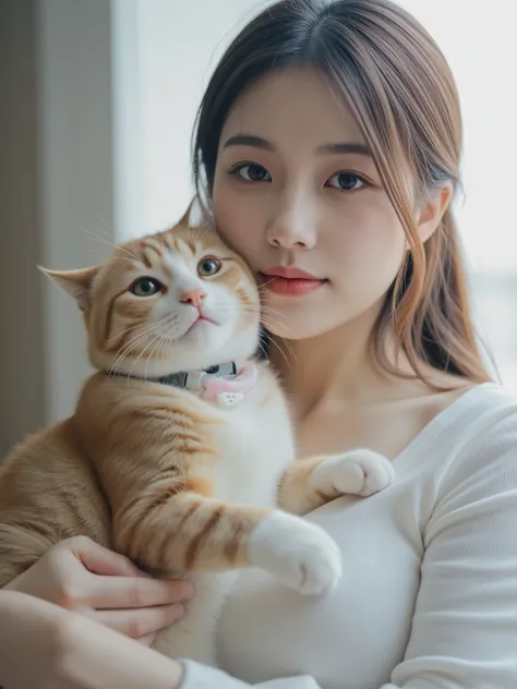 realistic_cat,cat,woman,Japanese,Hand,Perfect hand,Detailed hand,Huge Breast,Beautiful woman carrying a cat with a cute collar on her head and shoulders,Realistic,Portrait,Excellent Details,High Quality,4K,HDR,Soft light ,Gentle Colors,brilliant,Elegant,De...