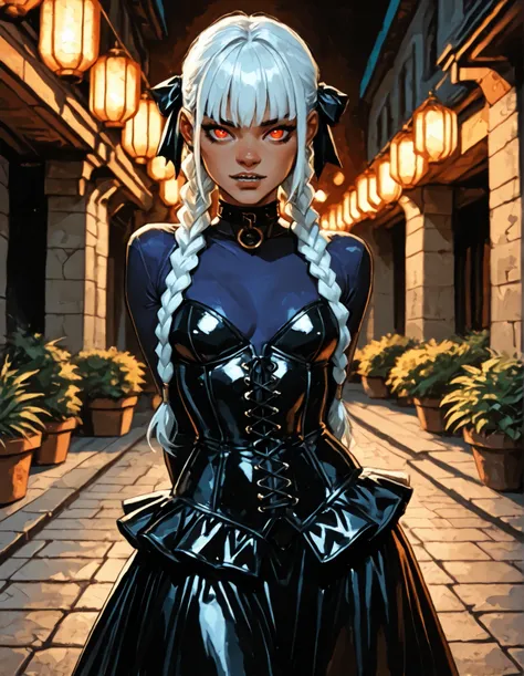 Drawn like the artist Bob Kehl. Phaedra from Fortnite with white and dark hair, deep red-coloured eyes, slanted big eyes, with sharp teeth, athletic body and abs. Slender and athletic. Cute, round and young face. White highlights in her hair. She wears Azt...