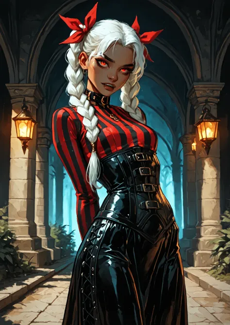 Drawn like the artist Bob Kehl. Phaedra from Fortnite with white and dark hair, deep red-coloured eyes, slanted big eyes, with sharp teeth, athletic body and abs. Slender and athletic. Cute, round and young face. White highlights in her hair. She wears Azt...