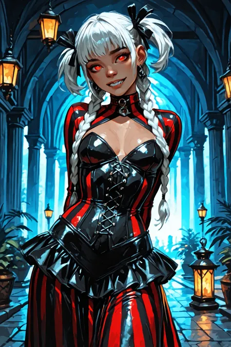 Drawn like the artist Bob Kehl. Phaedra from Fortnite with white and dark hair, deep red-coloured eyes, slanted big eyes, with sharp teeth, athletic body and abs. Slender and athletic. Cute, round and young face. White highlights in her hair. She wears Azt...