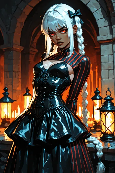 Drawn like the artist Bob Kehl. Phaedra from Fortnite with white and dark hair, deep red-coloured eyes, slanted big eyes, with sharp teeth, athletic body and abs. Brown skin. Slender and athletic. Cute, round and young face. White highlights in her hair. S...