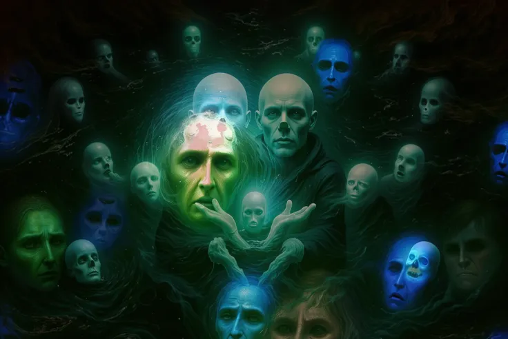 A dark fantasy scene in realistic oil painting style, viewed from above. The setting is the River Styx, flowing deep within a vast subterranean cavern. The water is black and turbulent, swirling with unnatural currents. From its surface, ghostly faces begi...