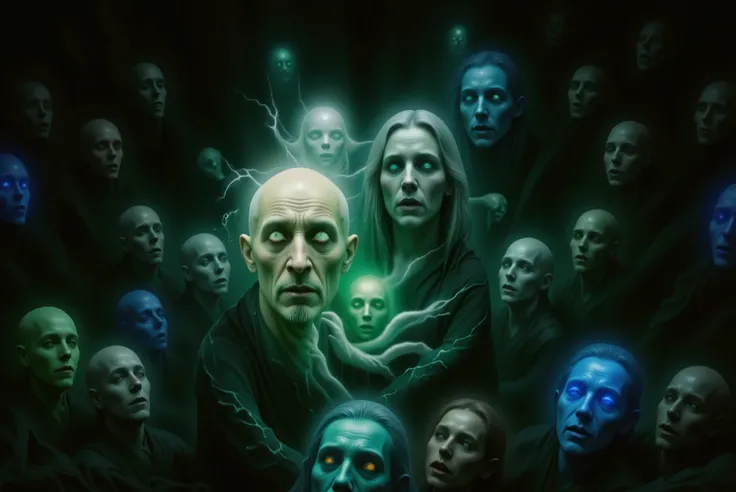 A dark fantasy scene in realistic oil painting style, viewed from above. The setting is the River Styx, flowing deep within a vast subterranean cavern. The water is black and turbulent, swirling with unnatural currents. From its surface, ghostly faces begi...