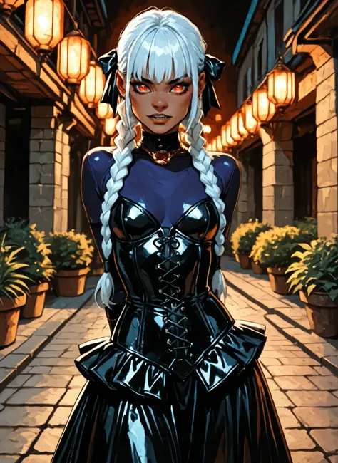 Drawn like the artist Bob Kehl. Phaedra from Fortnite with white and dark hair, deep red-coloured eyes, slanted big eyes, with sharp teeth, athletic body and abs. Darker skin colour. Slender and athletic. Cute, round and young face. White highlights in her...