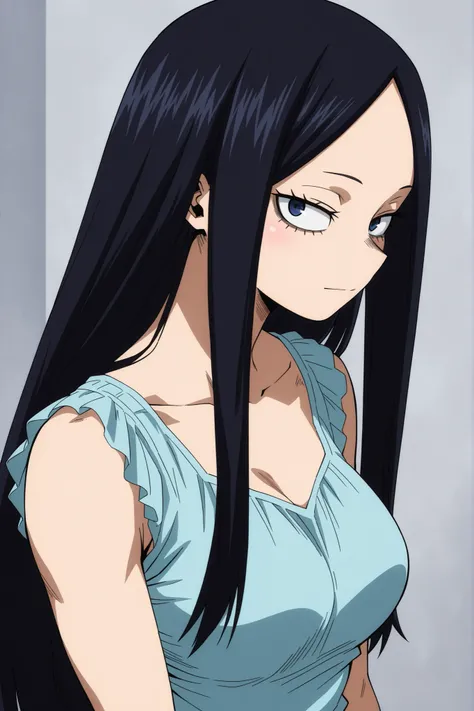 my hero academia style, 1girl, solo, sharp eyes, long hair, no bangs, blue eyes, black hair, straight hair, fair skin