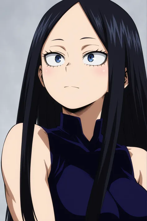 my hero academia style, 1girl, solo, sharp eyes, long hair, no bangs, blue eyes, black hair, straight hair, fair skin