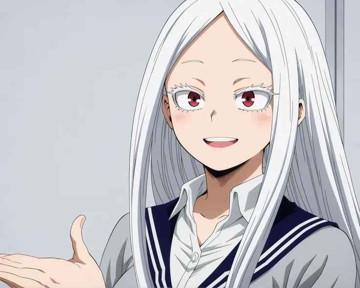 Boku no hero academia style, 1girl, solo, long hair, straight hair, no bangs, white hair, red eyes, colored eyelashes, white eyelashes, school uniform, smiling, open mouth