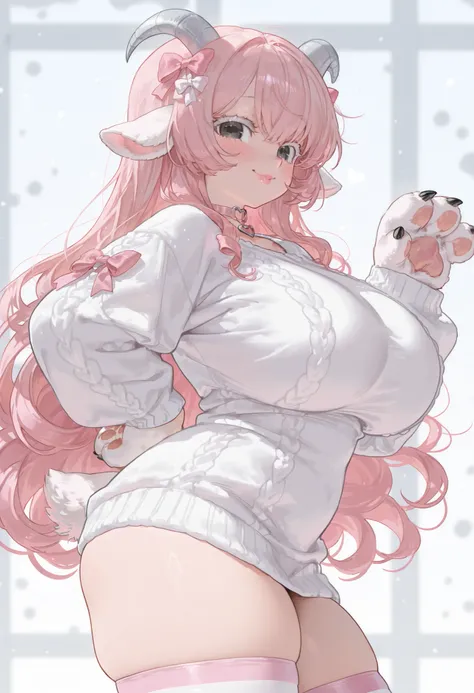 1girl, white ram ears, curly fluffy pink hair, pink bows in hair, long hair, black eyes, long white eyelashes, big breasts, fluffy white sweater, heart choker,  lamb paws, lamb ears, thick thighs, thigh highs, blush, big lips, cute  look, thicker, lamb tai...