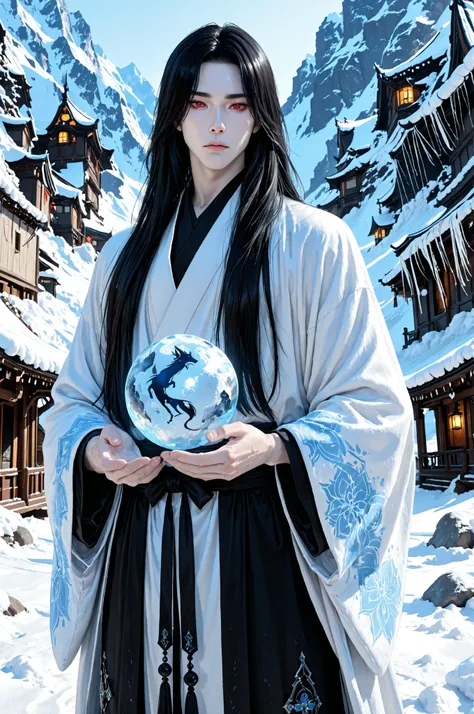 !boy, masculine focus, SmoothNegative_Hands,shiny hair,pale skin, long hair, male Yuki-onna with long black hair and red eyes, standing calmly in a deep snowy mountain. The air around him is frozen. A mysterious beauty that blends into the world of snow an...