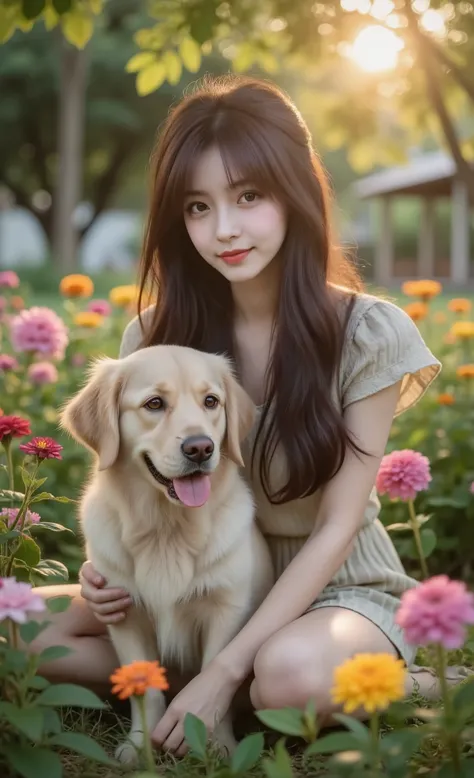 high quality images, Professional Photography, high-resolution images, A long-haired woman sits with a Golden Retriever cat in a backyard filled with colorful flowers., , the evening sun shining through the leaves, A warm and happy atmosphere, realistic ph...