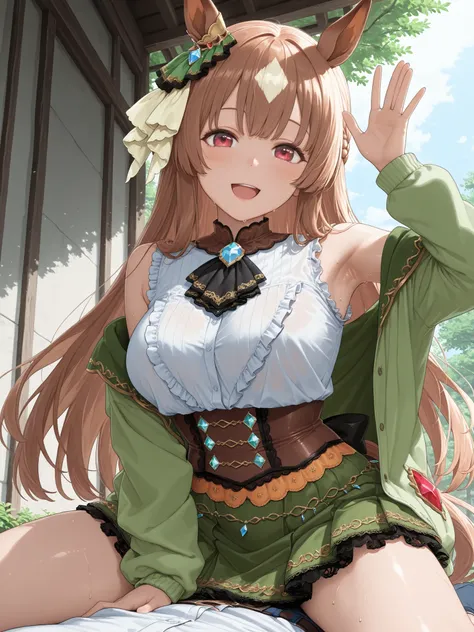 sleeveless,(Soft Touch, Delicate Body Curves, Realistic human anatomy ,Armpit,sweat),score_9, score_8_up, score_7_up, Source_anime, solo, 1girl, satonodef , happy, waving with a smile, half updo, braids, sits on top of the beast ear, ear ornament, frills,...