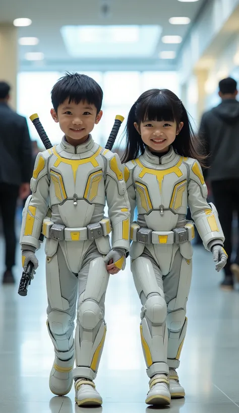 character: 1 asian toddler boy black hair and 1 asian toddler girl black hair Straight with bangs .
action: Walking straight.
Accessories: each of them has two swords on their backs.
Expression : smiling. Looking at the camera.

Costume : they Wearing futu...