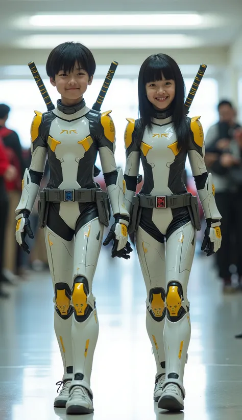 character: 1 asian preteen boy black hair and 1 asian preteen girl black hair Straight with bangs .
action: Walking straight.
Accessories: each of them has two swords on their backs.
Expression : smiling. Looking at the camera.

Costume : they Wearing futu...