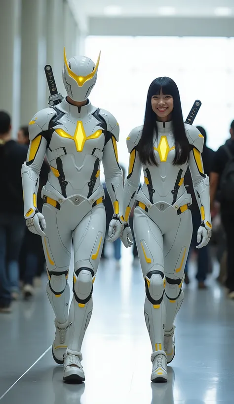 character: 1 asian teenager boy mask full head and 1 asian teenger girl black hair Straight with bangs .
action: Walking straight.
Accessories: each of them has two swords on their backs.
Expression : smiling. Looking at the camera.

Costume : they Wearing...