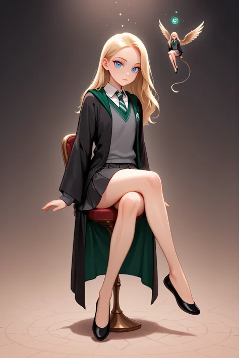 score_9, score_8_up, score_7_up, best quality, masterpiece, 4k resolution, 1girl, solo, youthful, young, beautiful, full body, long hair, blonde hair, blue eyes, looking at viewer, elegant posture, bare legs, smooth body, clean skin, hogwarts uniform, sly...