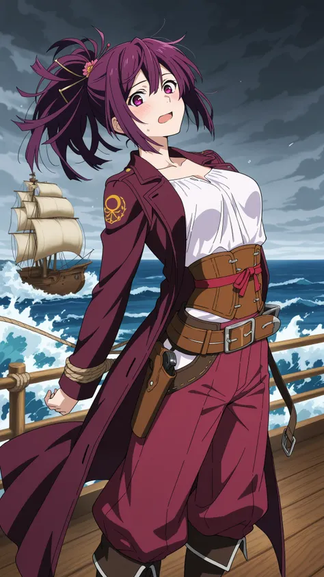 BREAK (masterpiece:1.2), best quality, high resolution, unity 8k wallpaper, (illustration:0.8), (beautiful detailed eyes:1.6),Wooden deck of an old pirate ship,  
waves crashing violently against the hull,  
sails torn and ropes whipping in the wind,  
dar...