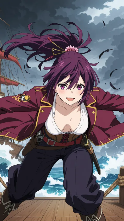 BREAK (masterpiece:1.2), best quality, high resolution, unity 8k wallpaper, (illustration:0.8), (beautiful detailed eyes:1.6),Wooden deck of an old pirate ship,  
waves crashing violently against the hull,  
sails torn and ropes whipping in the wind,  
dar...