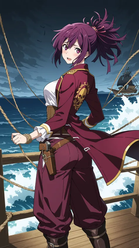 BREAK (masterpiece:1.2), best quality, high resolution, unity 8k wallpaper, (illustration:0.8), (beautiful detailed eyes:1.6),Wooden deck of an old pirate ship,  
waves crashing violently against the hull,  
sails torn and ropes whipping in the wind,  
dar...