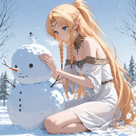 Muller, 1girl, very long hair, twin side braids, sidelocks, short ponytail, half updo, parted bangs, blonde hair, blue eyes, pointy ears, small breasts, circlet, ,absurdres,very aesthetic,best quality,masterpiece,Ultra High Definition,  highly detailed, sh...