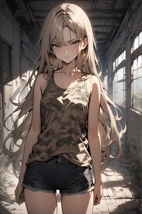 ((masterpiece,Highest Quality:1.2)),(soro),slender,A junior high school girl stares at me while walking through a dark abandoned hospital,cowboy shot,beautiful skin,(Thin thighs),(healthy tanned skin,) light brown very long hair,Perfect brown eyes , tree e...
