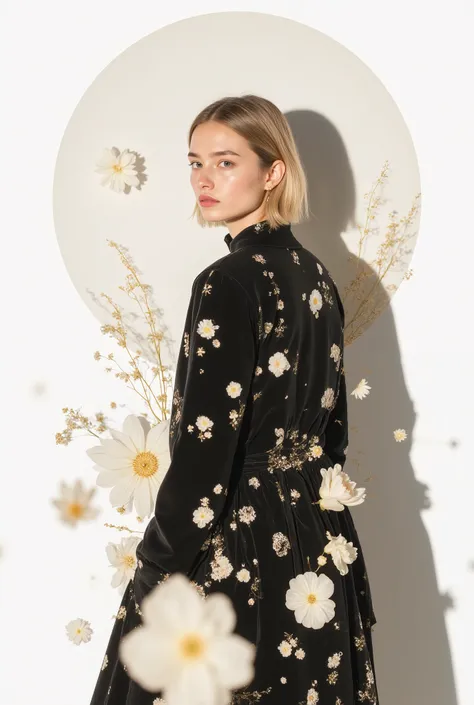 Minimalist fashion advertisement style banner featuring a realistic stylish female model, abstract floral patterns blended into the scene, white background with modern colors (black, beige, gold), elegant and sophisticated, subtle textures and shadows, pho...