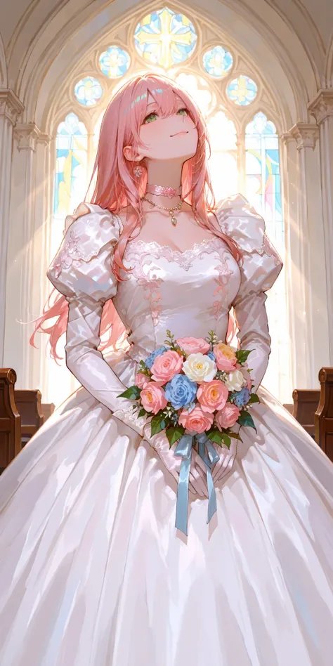 masterpiece, absurd, Newest, Highest Quality, great quality, Extremely Beautiful, beautiful woman, dress, Pink Gold Hair, long hair, Beautiful green eyes,viewer holding a pale blue bouquet taking off his shoes, smile, wedding dress, lace trim, choker, neck...