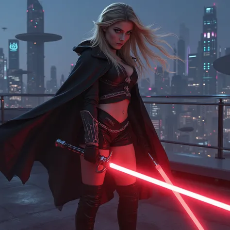 sehr detailliert , Meisterwerk, Dynamic battle scene of a Sith assassin on a roof terrace, She holds a red lightsaber. the head slightly lowered, determined look at the viewer.  have her big , blue and penetrating eyes, full intensity, convey an invincible...