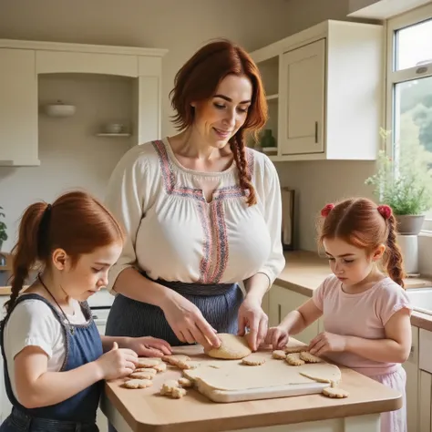 A 40-year-old beautiful English woman is making cookies with her two nieces in her rustic light-coloured kitchen. Wholesome scene with children helping with baking. She's wearing a white peasant-style blouse. The little girls have t-shirts.