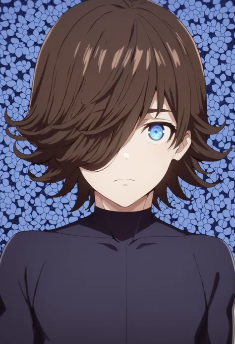 (high-quality, breathtaking),(expressive eyes, perfect face) Symmetrical Eyes, 1boy, male, solo, looking at viewer, seishirou_nagi, short hair, bangs, hair covering eye, rice shower, blue bodysuit, skin tight, blue bodysuit, Derby shoes , upper body, portr...