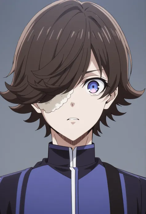 (high-quality, breathtaking),(expressive eyes, perfect face) Symmetrical Eyes, 1boy, male, solo, looking at viewer, short hair, bangs, hair covering eye, rice shower, Derby shoes , upper body, portrait, simple background, brown hair, blue lock anime, blue ...