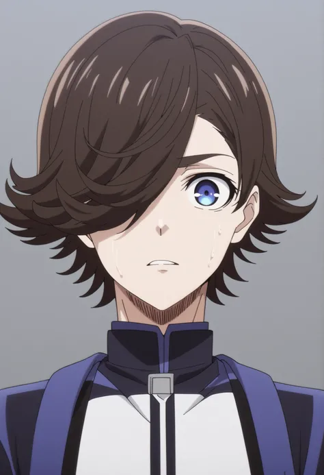 (high-quality, breathtaking),(expressive eyes, perfect face) Symmetrical Eyes, 1boy, male, solo, looking at viewer, short hair, bangs, hair covering eye, rice shower, Derby shoes , upper body, portrait, simple background, brown hair, blue lock anime, blue ...