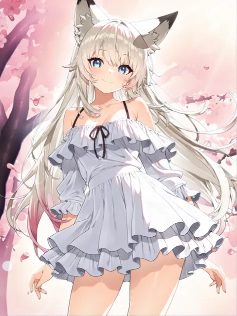 masterpiece、Concept Art、(very detailed)、 (((masterpiece、Highest Quality、))) 、1 、amazing cherry blossom blizzard background、Multiple cherry trees、( fox ears、Off Shoulder、Platinum Blonde、long hair、Ruffle Skirt)、( やわらかなsmile )、 、 dreamy 、 Spectacular picture...