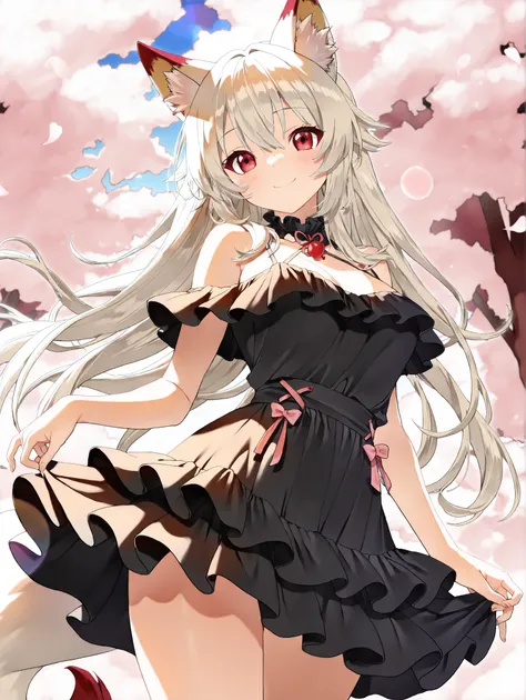 masterpiece、Concept Art、(very detailed)、 (((masterpiece、Highest Quality、))) 、1 、amazing cherry blossom blizzard background、Multiple cherry trees、( fox ears、Off Shoulder、Platinum Blonde、long hair、Ruffle Skirt)、( やわらかなsmile )、 、 dreamy 、 Spectacular picture...