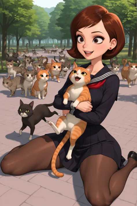 Helen Parr , mature female, medium hair, Bob_cut, brown hair, brown eyes, big eyes, long eyelashes, medium breasts, narrow waist, thick thighs, huge hips, fair skin, thin hands, earrings, makeup, pink lips, lipstick.|  girl_with_cats, cat, animal, holding ...